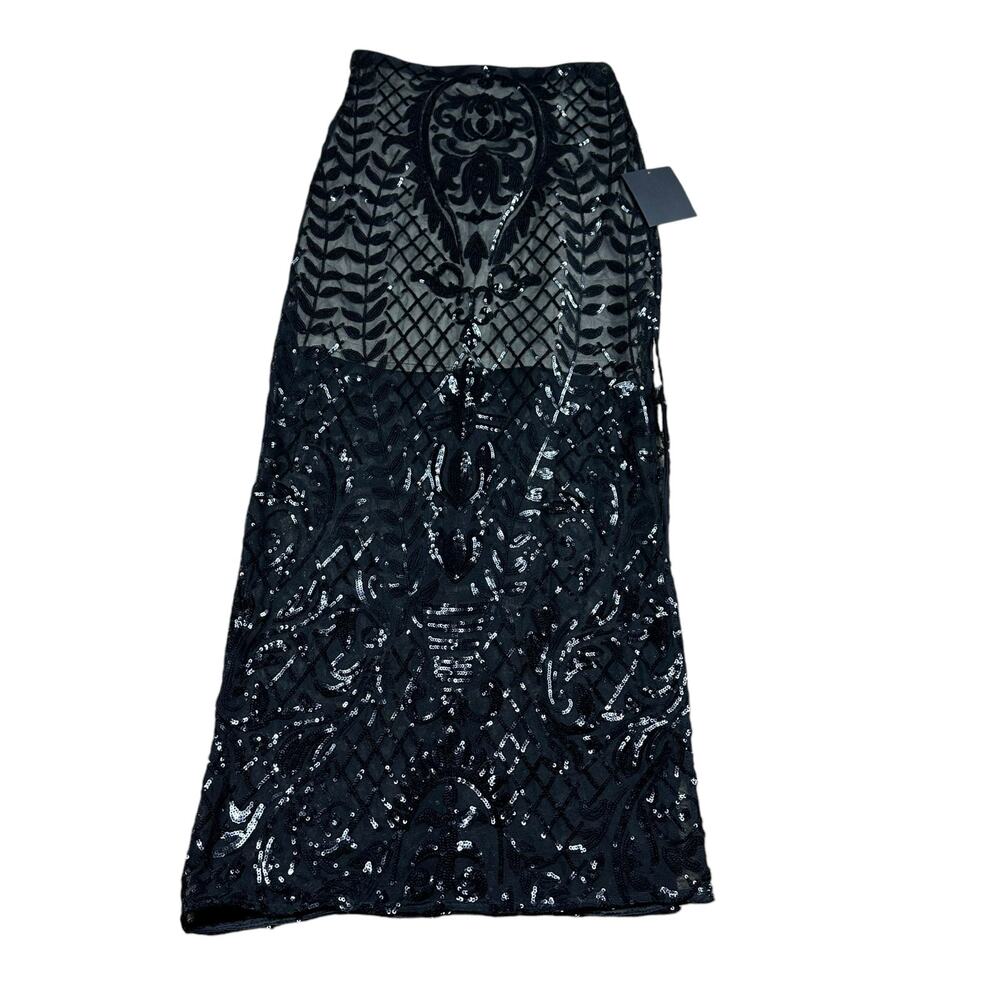 LULUS Black Sequin Stunning Impression Midi Skirt Partially Lined Size XS NWT‎